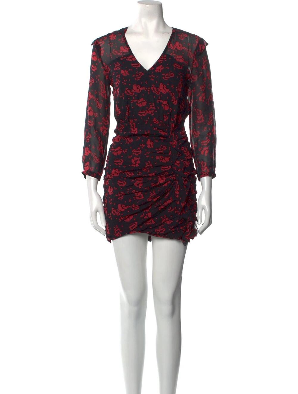 AllSaints Harlow Eira Red Floral Ruched V-Neck Long Sleeve Sheer Mini Dress XS